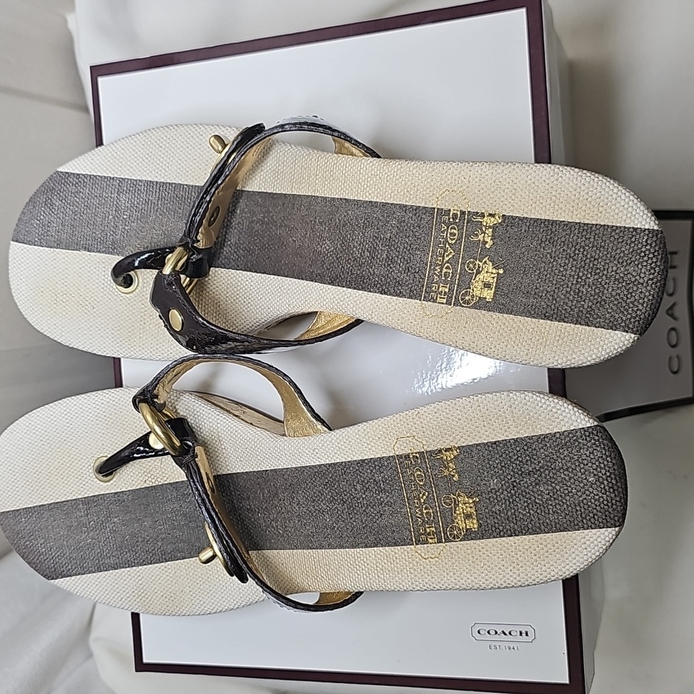 Coach Gold and Black Wedge Sandals - Picture 6 of 14